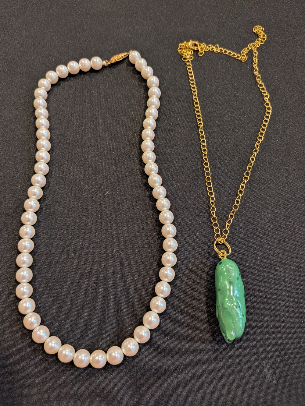 Classic Pearl Necklace 8.5" and Gold Tone Chain Green Pendant 11.5" Set